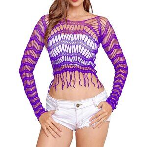 🆕Women Purple Fishnet Crop Top Babydoll Chemise Lingerie Tassels Stretchy Nylon